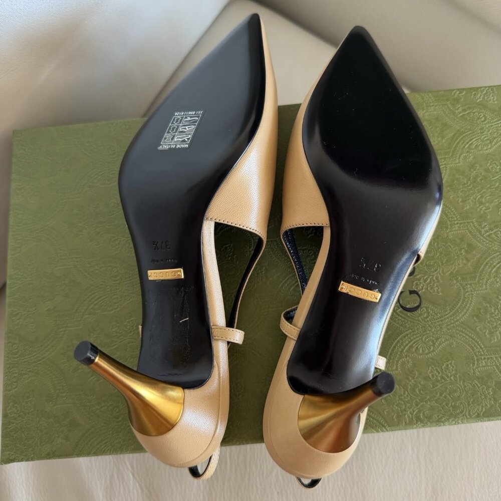 NEW Gucci Metal Heel Slingback Pumps Sz 37.5 100% Authentic Nude - Picture 8 of 10